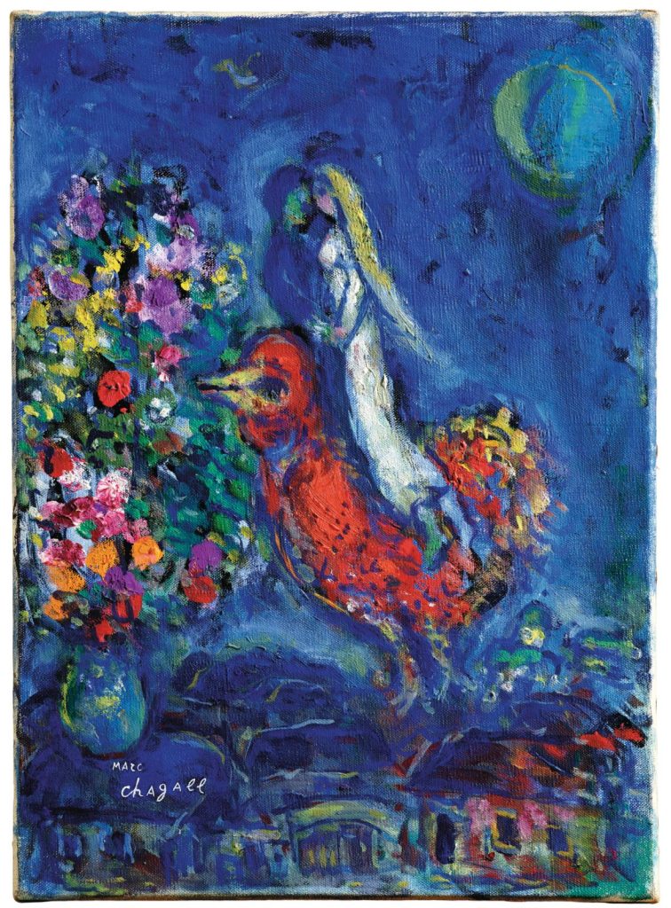 Chagall Marc Chagall Couple sur coq rouge, c. 1975–1978 oil on canvas, 33.4 x 24.2 cm estimate €300,000 – 400,000