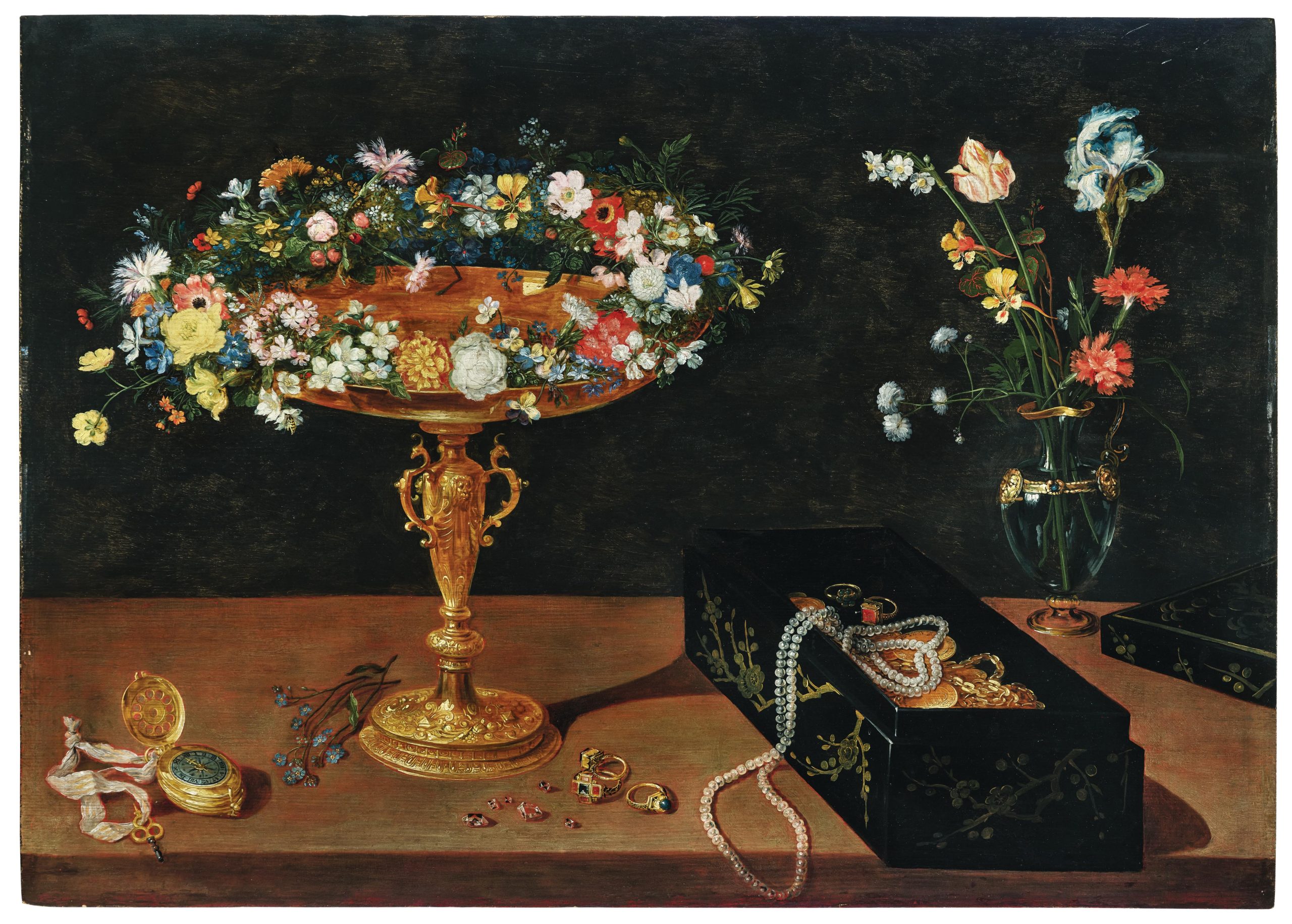 jan-brueghel-ii-9799166 Jan Brueghel II. (1601–1678), Eine Tazza mit Blumenkranz, Schmuckkästchen, Taschenuhr und Blumen in einer Glasvase, Öl auf Holz, 47,5 x 67 cm Schätzwert € 120.000 – 180.000