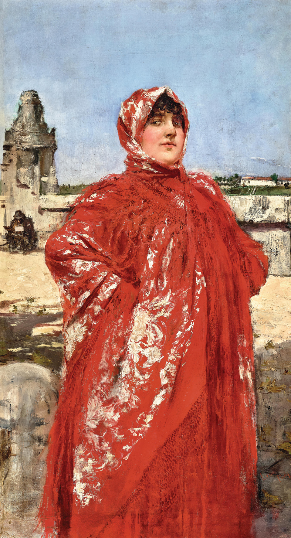 juan-luna-y-novicio-9793268 Juan Luna y Novicio Dame in rotem Kleid mit einem Manila-Tuch (Una Manola), 1886 Öl auf Leinwand, 112 x 61,5 cm Schätzwert € 100.000 – 150.000