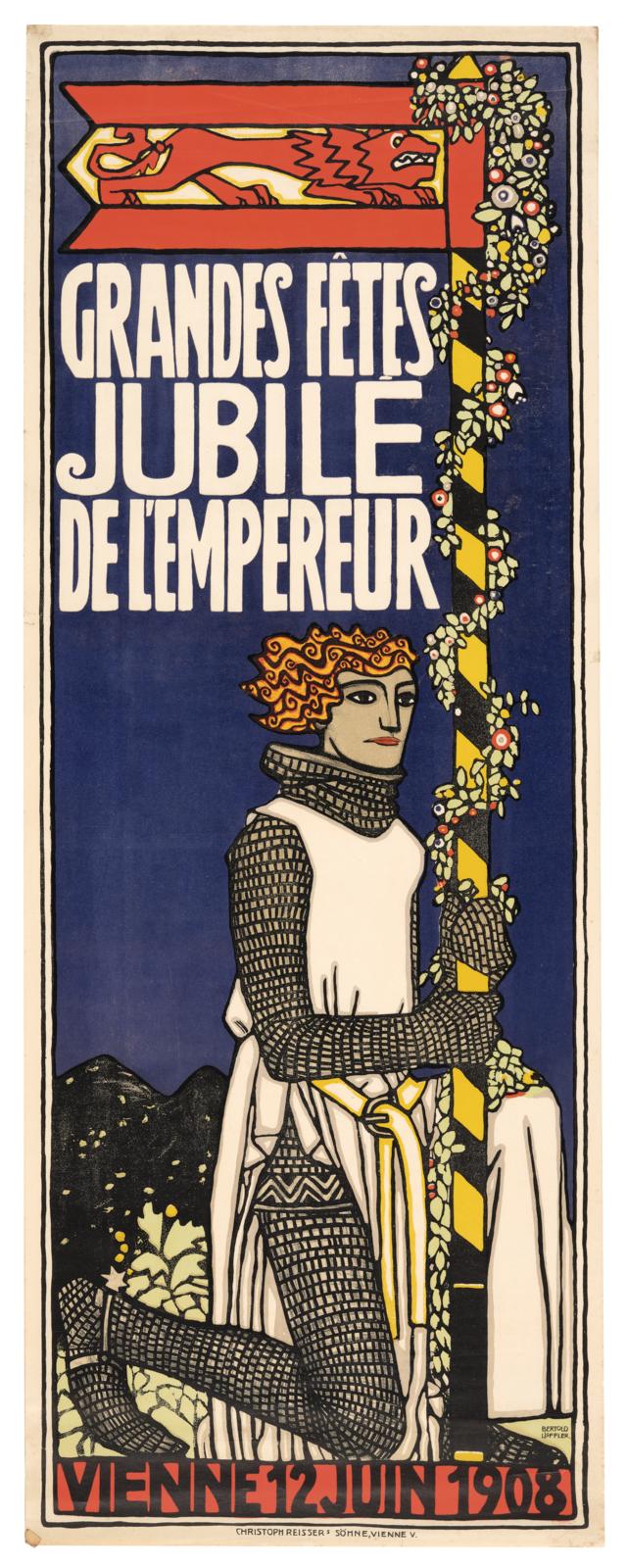 Bertold Löffler, "Grandes Fetes Jubile de L'Empereur", 1908, official poster for the 'Kaiser-Huldigungs-Festzug' 1908, lithograph in colours on light wove paper, signed on the stone, image size 103.6 x 38 cm, sheet size 106 x 40 cm, estimate €8,000 – 12,000