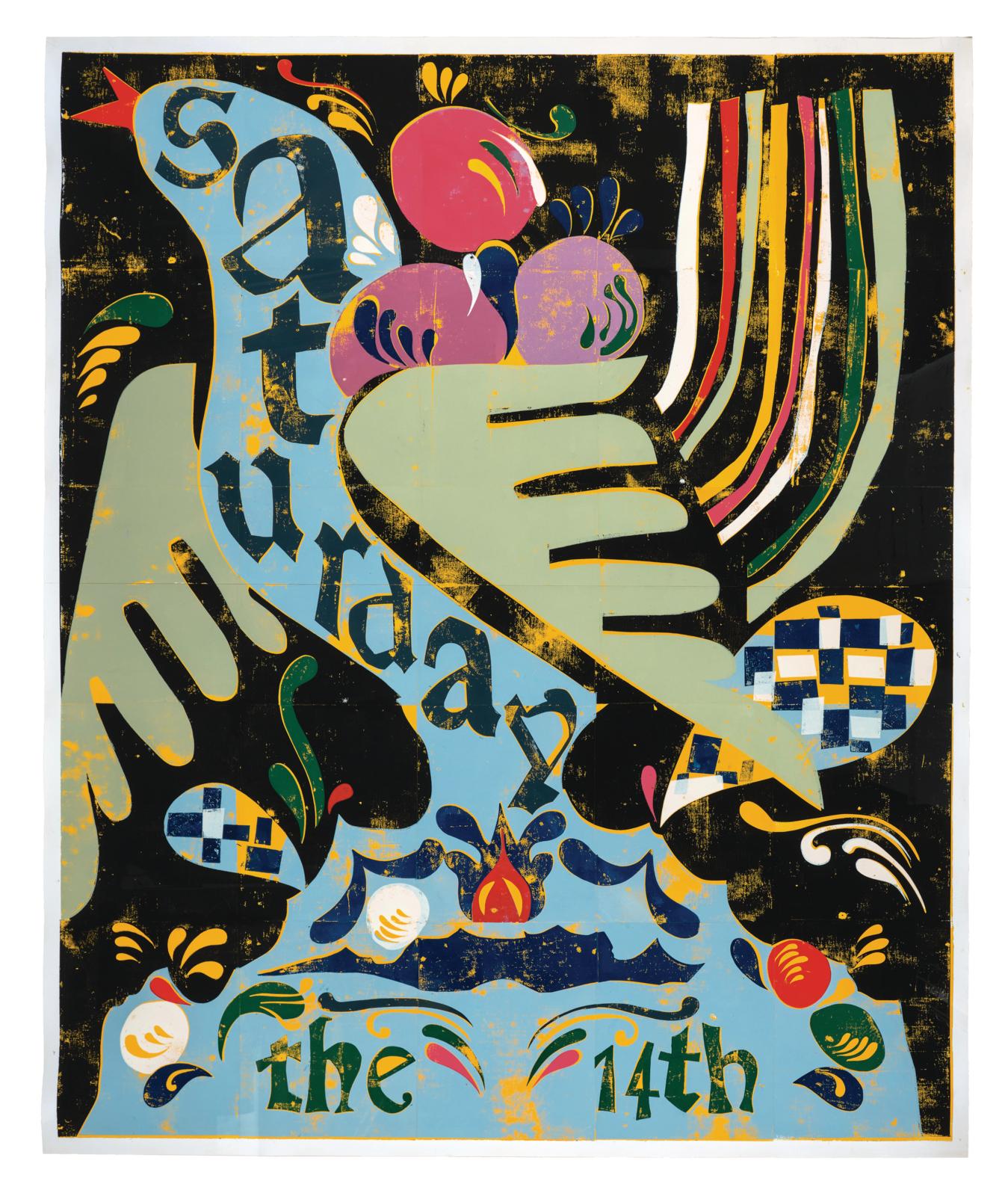 Gert und Uwe Tobias, "Saturday the 14th", 2006, woodcut in colours on wove paper (2 connected sheets), signed and dated on the reverse, no. 2 of 2 examples, image size 199.5 x 164.5 cm, sheet size 205 x 170 cm, estimate €15,000 – 20,000