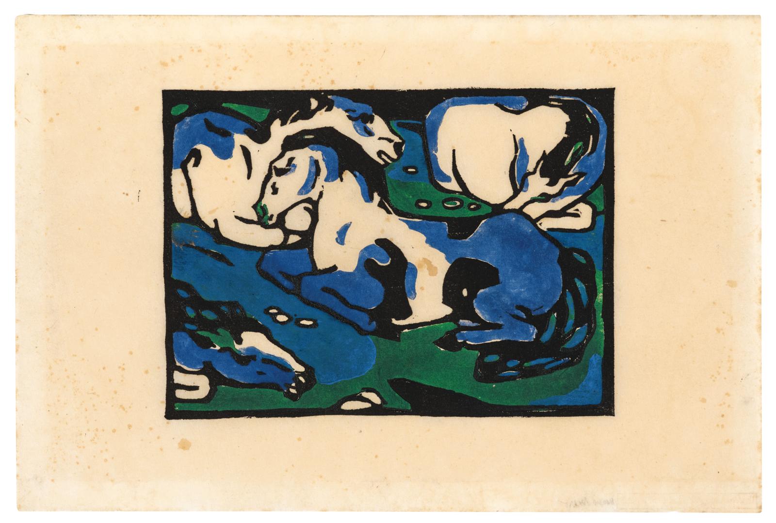 Franz Marc, "Ruhende Pferde", 1911/12, woodcut in black, blue and green on Japan with wide margins, signed by Maria Marc and with the estate stamp on the reverse at the lower edge of the sheet, inscribed (illegible), image size 16.7 x 22.8 cm, sheet size 25.3 x 38 cm, estimate €20,000 – 30,000