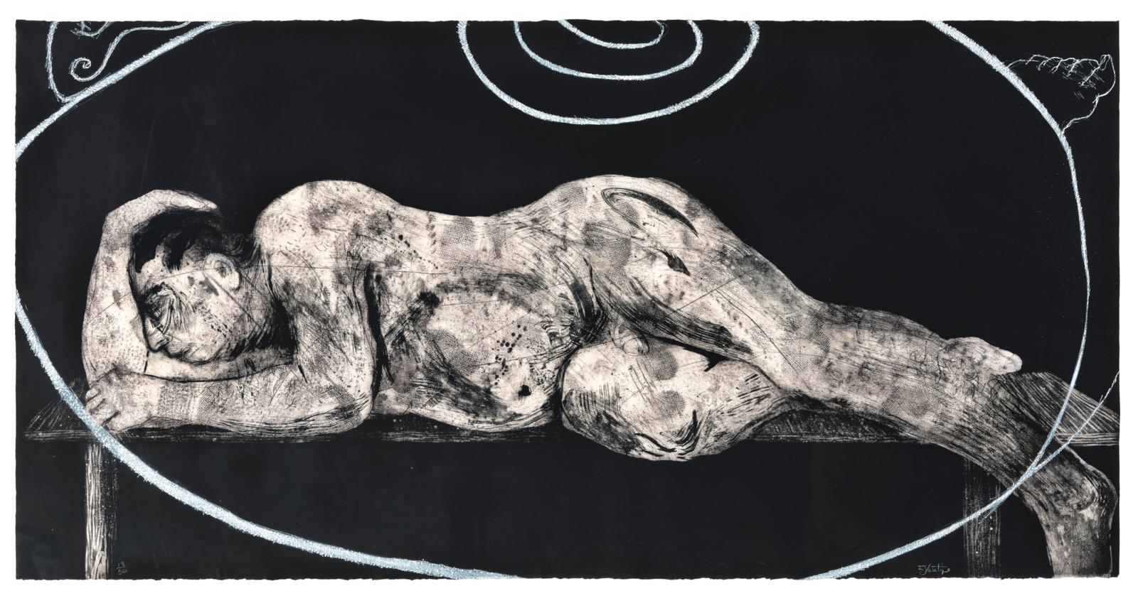 William Kentridge, "Sleeper and Ubu", 1997, soft-ground etching with aquatint and drypoint from two copperplates, the white lines printed from power-tool engraved polycarbon sheet, on wove paper, signed Kentridge, no. 18 from the planned edition of 50 numbered examples, only 30 examples were printed, sheet sized print 97.3 x 193 cm, estimate €15,000 – 20,000